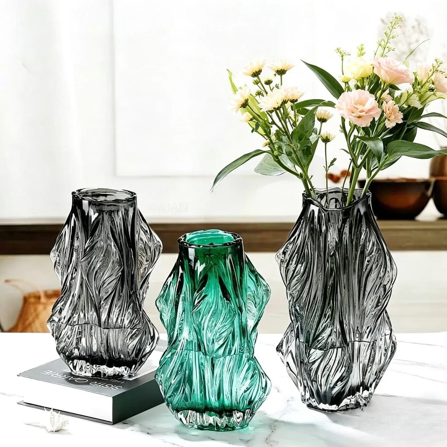 Rustic Bark Texture Glass Flower Vase Creative Tree‑Shaped Pot Lucky Bamboo Living Room Study Desktop Home Tabletop Decoration