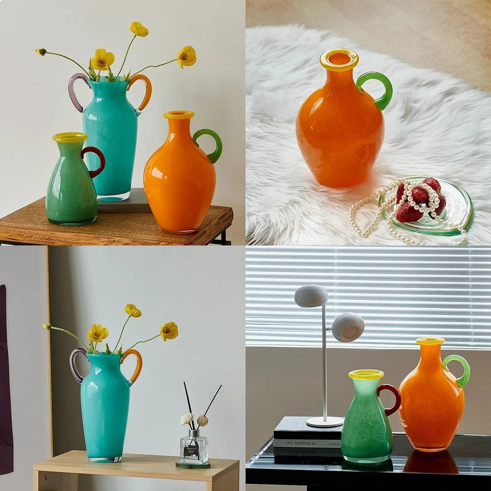Stained Glass Vase Vintage Binaural Handle Flower Vase Floral Arrangement Accessories Terrarium Home Decoration Accessories