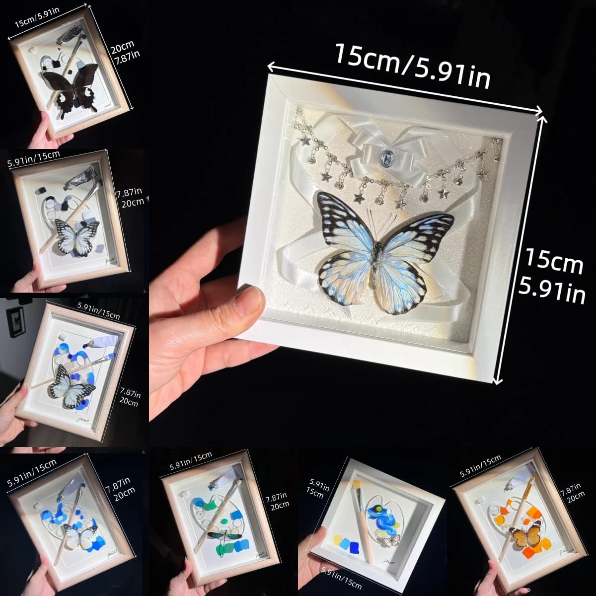 2152 Handmade White Butterfly Artwork in Frame with Bow Star Crystal Resin Craft Unique Wall Decor Ornament for Home Room Decor