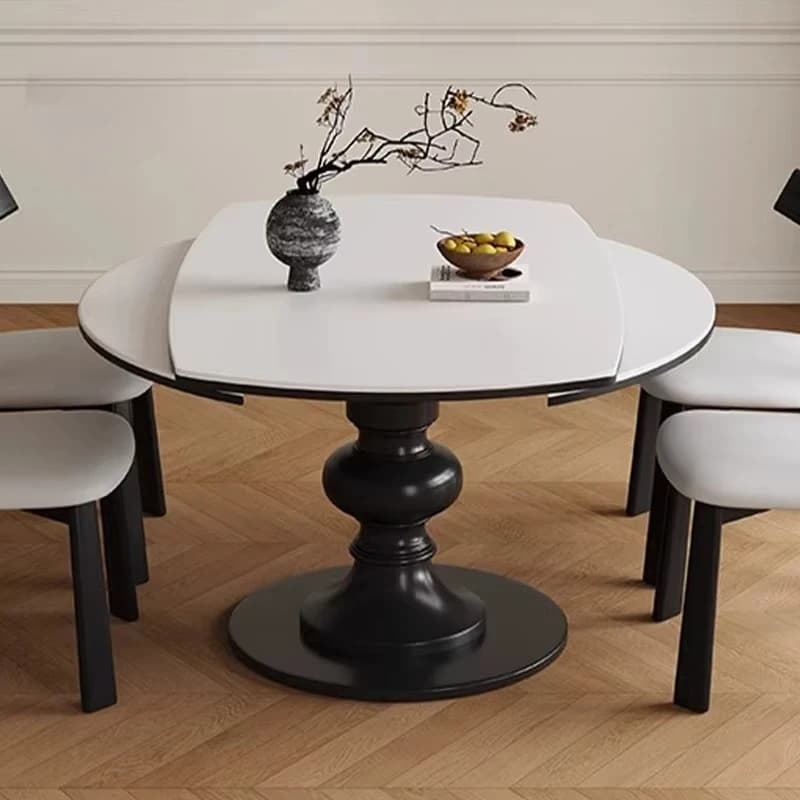 &c Extendable Dining Table with White Sintered Stone Top Black Pedestal Base for Modern Dining Room
