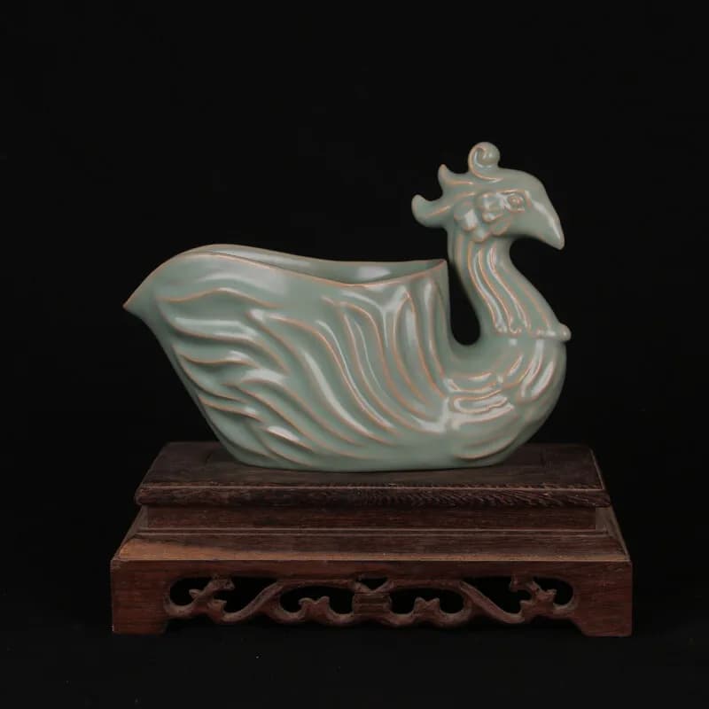 4.9" Chinese Song Porcelain Ru Kiln Green Glaze Animal Phoenix Brush Pot