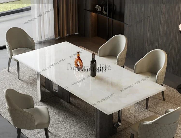 FGWhite ice jade pure natural luxury stone dining table modern simple high-end marble rectangle