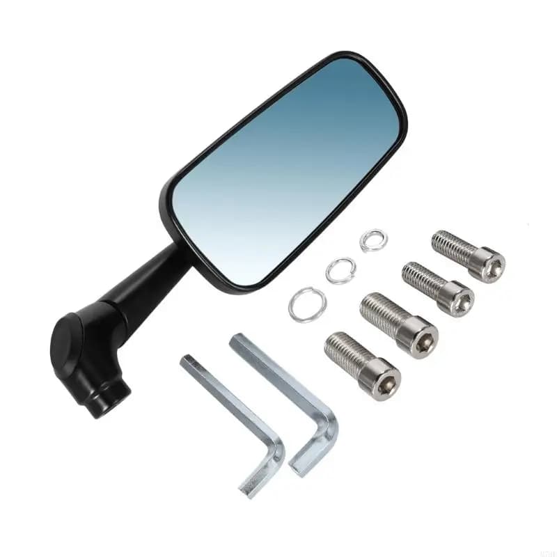 M76E Adjustable Motorcycle Side Mirror with Blue Tinted Lens, Black Metal Mirror Body and Installation Hardware for Daily Road