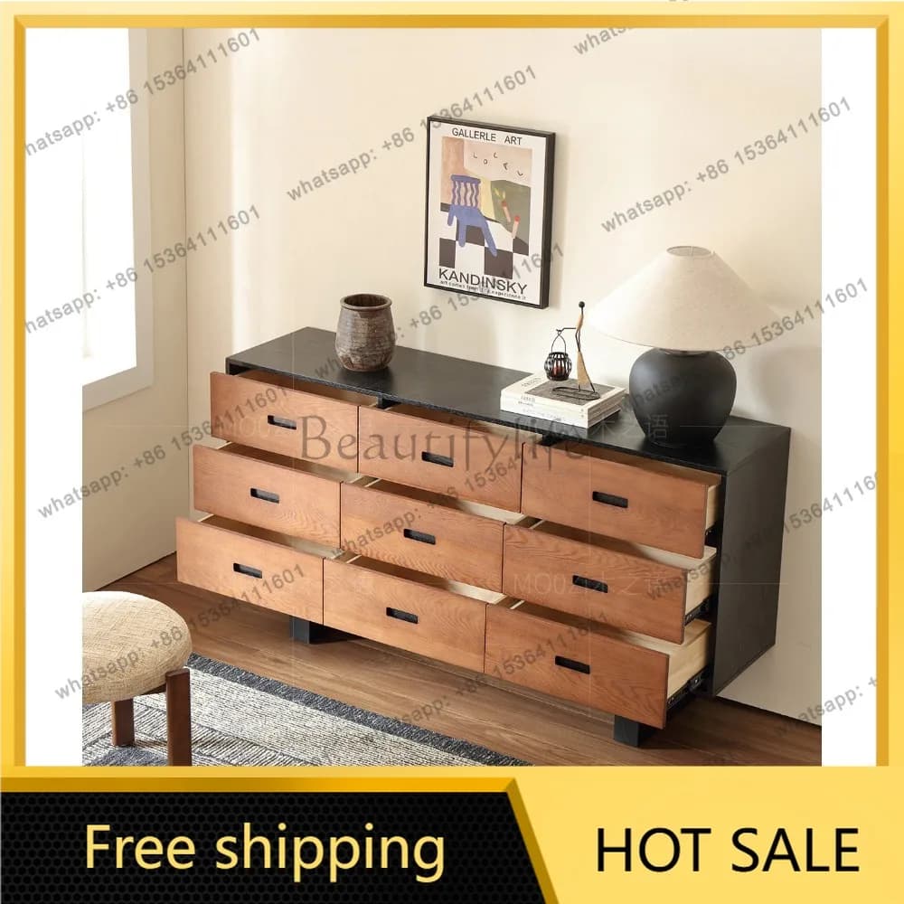 LD French antique nine chest cabinet high artistic sense against the wall solid wood living room entrance cabinet