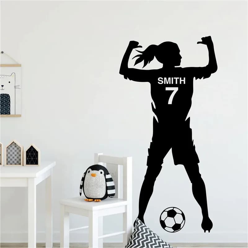 Girls Football Player Personalizable Name Wall Sticker Athletic Sports Girl Room Bedroom Living Room Decor Vinyl Wall Decal Gift