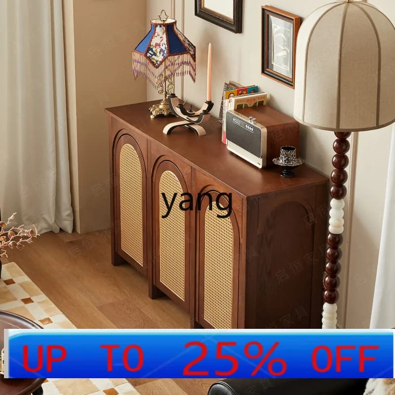 LH  French retro solid wood dining side cabinet medieval braided rattan storage cabinet living room entrance cabinet