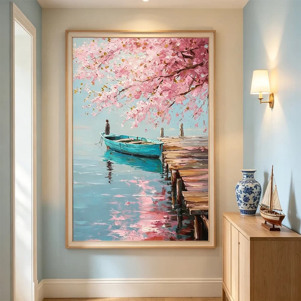 Flower Tree Lake Landscape Canvas Painting Wall Art Modern Minimalist Scenery Posters for Living Room Bedroom Home Decor