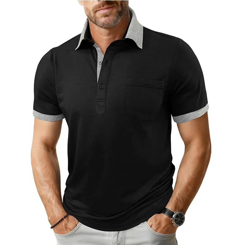 Men's Short-sleeve Loose Turn-down Collar with Ribbed Cuffs Men's Polo Shirt Casual Button-up Fashion Top