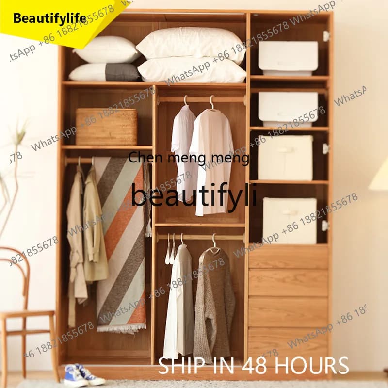 CC Japanese wardrobe pure solid wood shutter sliding door wardrobe cherry wood oak storage cabinet