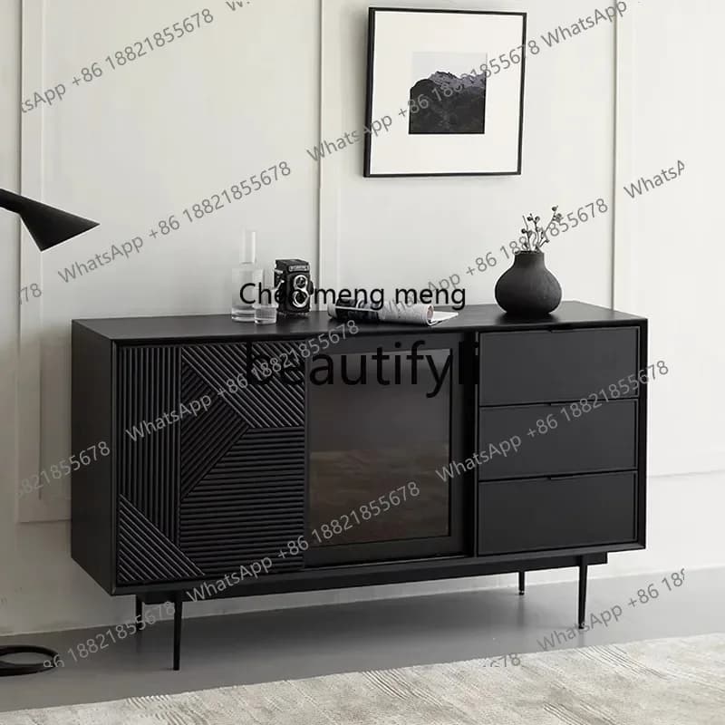 D06 Light luxury minimalist black solid wood side cabinet against the wall, cabinet storage, entrance cabinet