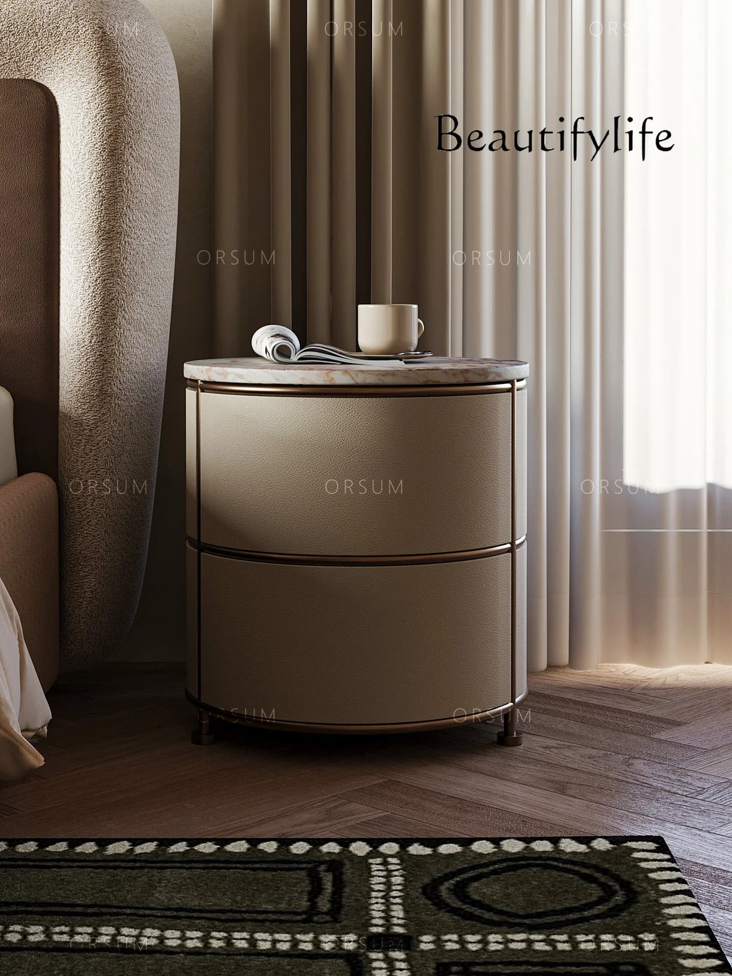 Designer Round Marble Leather Bedside Table Household Bedroom Italian Light Luxury Premium Press