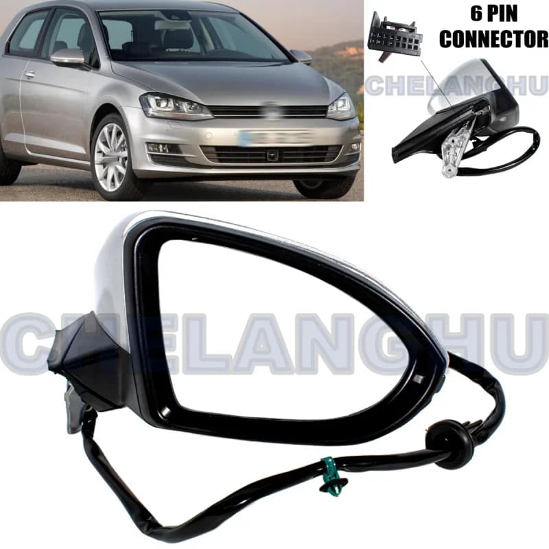 Right 6Pins Mirror Assembly For VW Golf 7 2013 2014 2015 2016 2017 2018 2019 2020 Silvery With Power Adjust Turn Light Heat