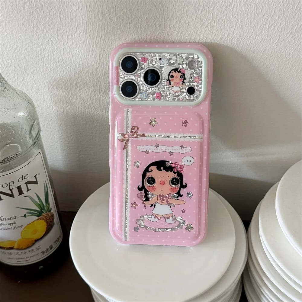 Kawaii Cartoon Pink Girl Glitter Phone Case For iPhone 18 Pro Max 17 16 15 Cute TPU Shockproof Anti Drop Lens Protection Cover