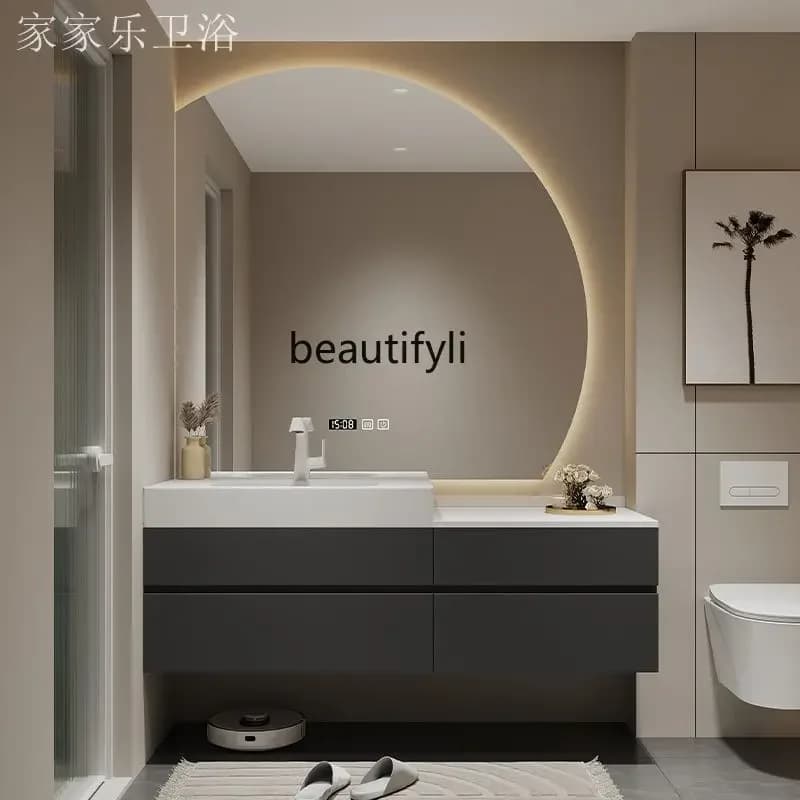 Integrated basin seamless ceramic basin bathroom cabinet combination minimalist face wash high and low basin