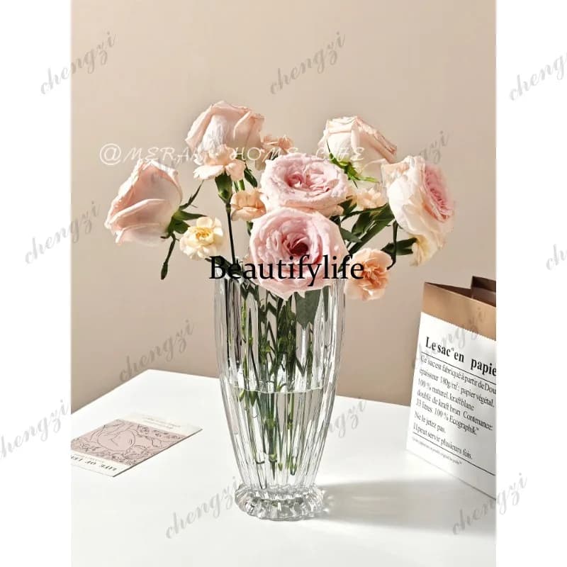 Premium Vase Ornament Glass Transparent High-end Flowers Rose Lily Living Room