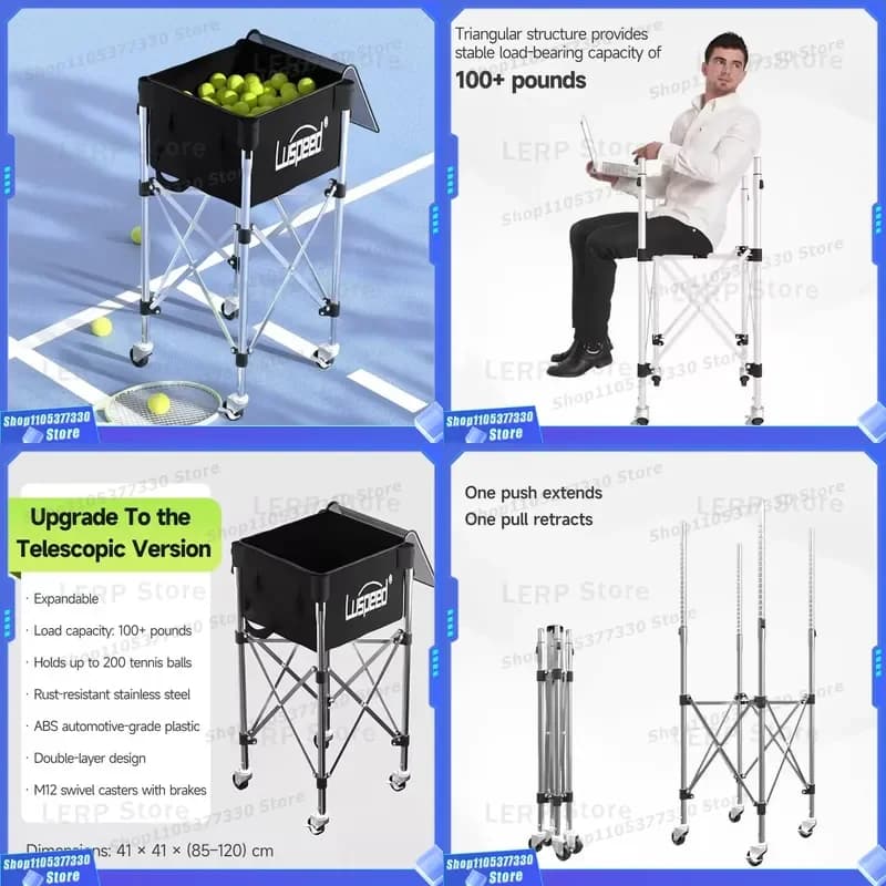 Portable Stainless Steel Tennis Ball Cart Foldable Lightweight Basket Holder 200 Balls Capacity 50kg Durable OEM Trolley