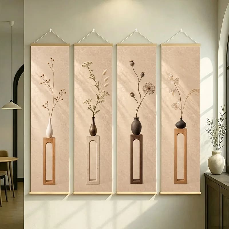 Botanical Wall Art 4-Panel Dried Wildflower Vase Hanging Scroll Set on Beige Silver Shimmer Canvas for Neutral Home Decor