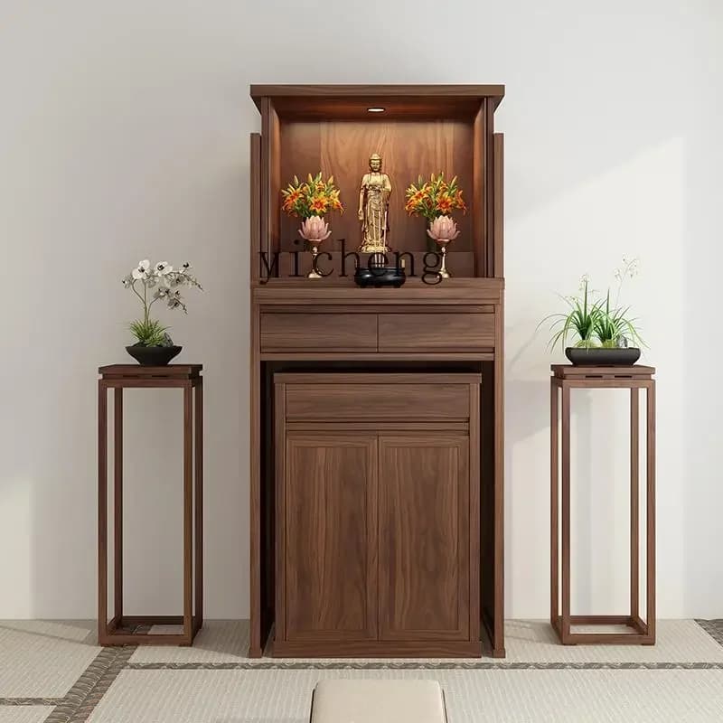 black walnut invisible door Buddhist niche new Chinese vertical cabinet living room solid wood Buddhist cabinet