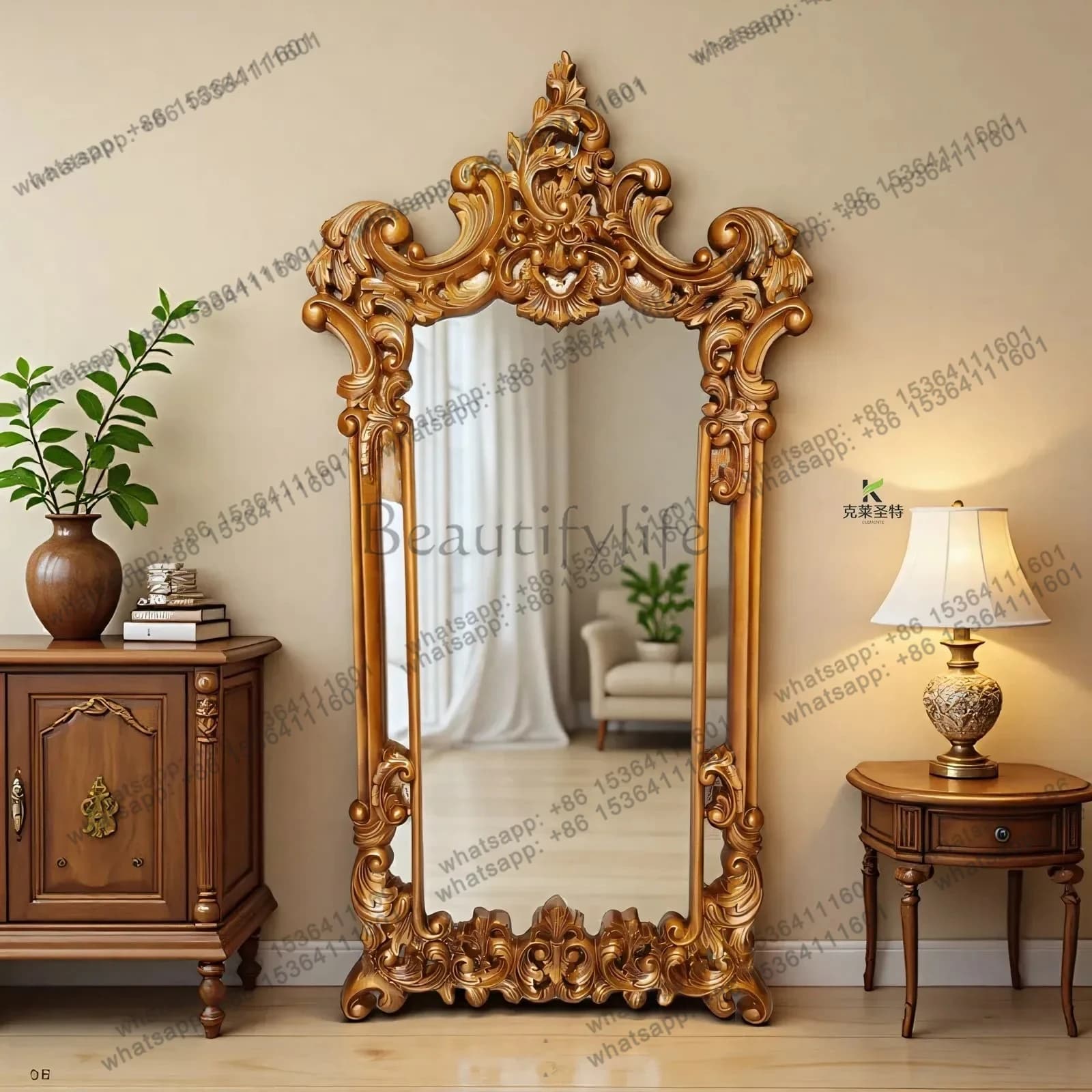French retro, carved luxury full-body mirror, American home bedroom floor-to-ceiling mirror, European-style fitting mirror