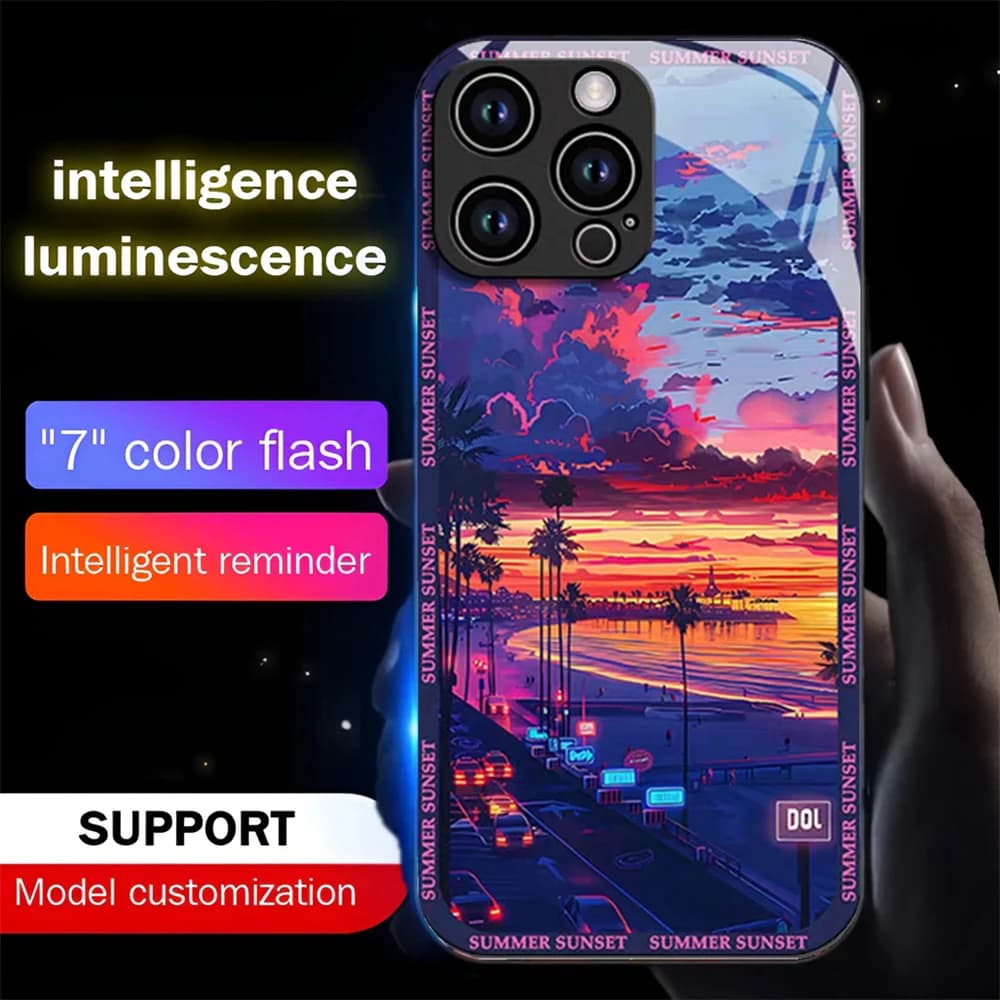 Summer Sunset Pattern Luminous Glass LED Call Light Up Flash Phone Case For Samsung S26 S25 S24 S23 S22 S21 S20 FE Plus Ultra