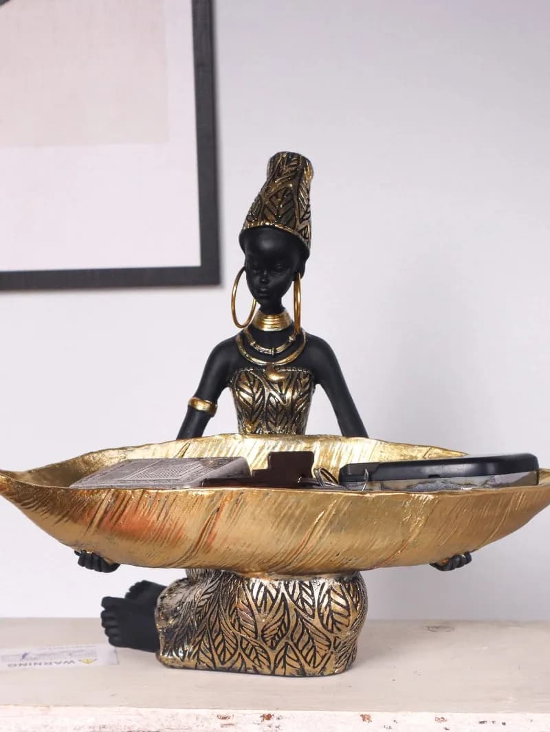 Retro African Girl Holding Plate Sculpture, Home Office Decorative Storage Accessories, Desktop Decorative Ornament Statues