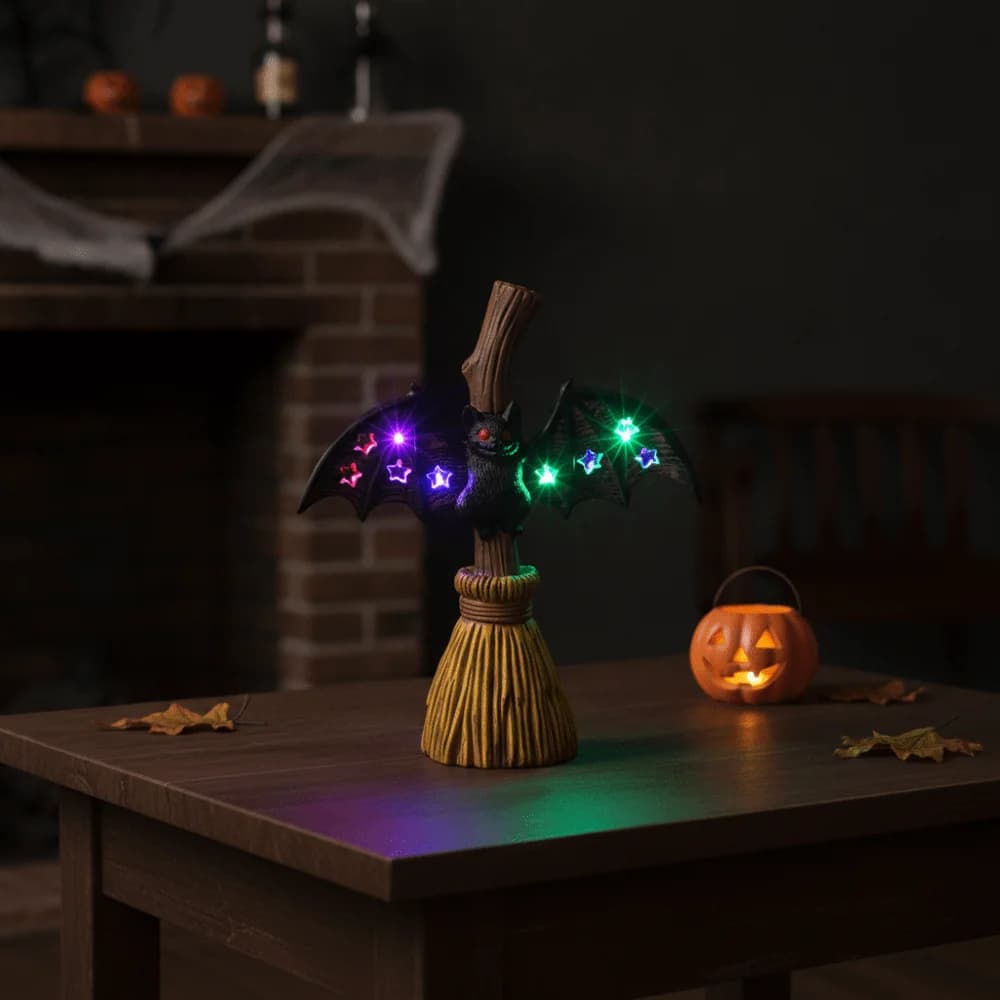 Resin Made Bat Broom Light Double Wings Button Cells Battery Power Spooky Desk Lamp Small Size Lightweight Halloween Nightlight