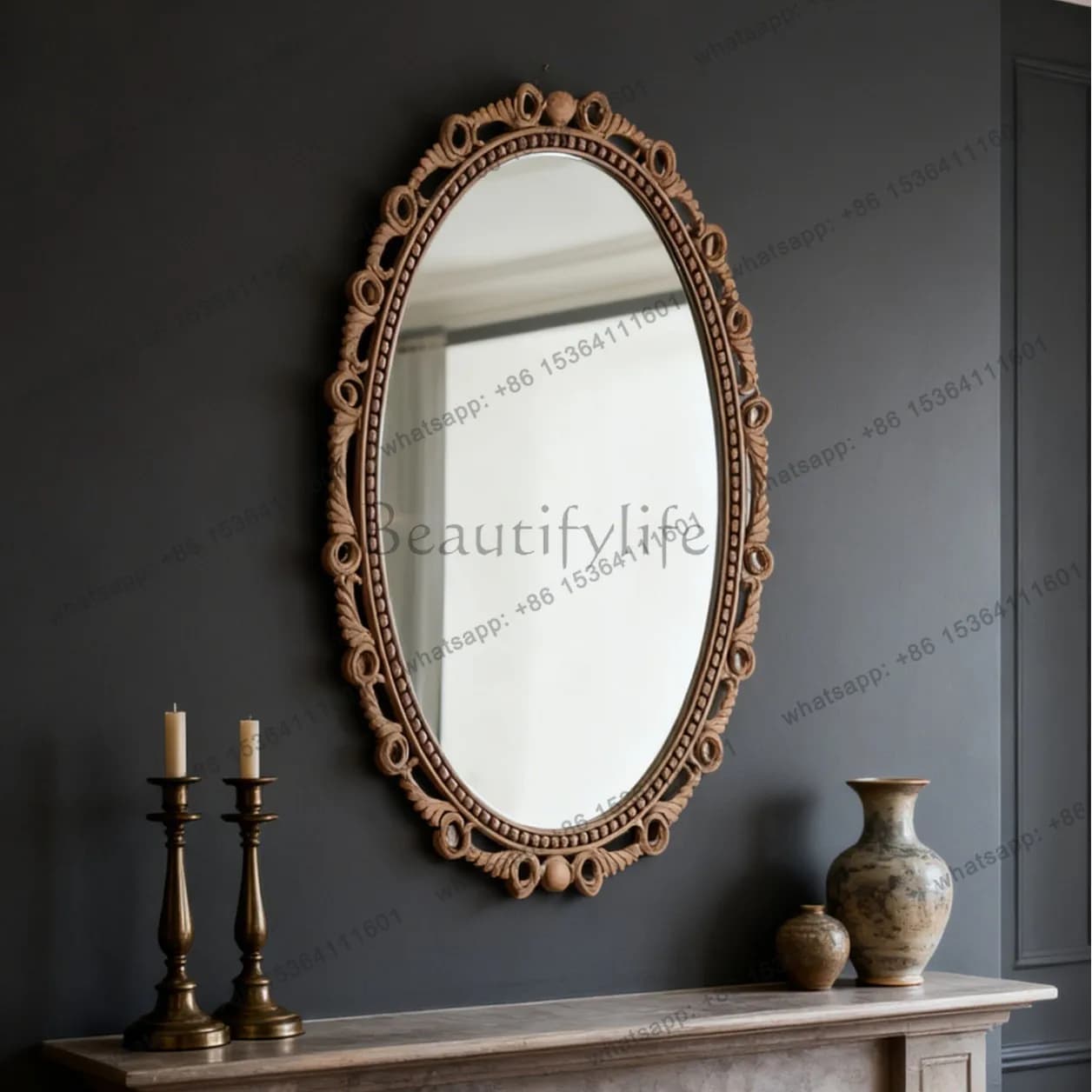 French retro wood engraving mirror bedroom floor fitting mirror