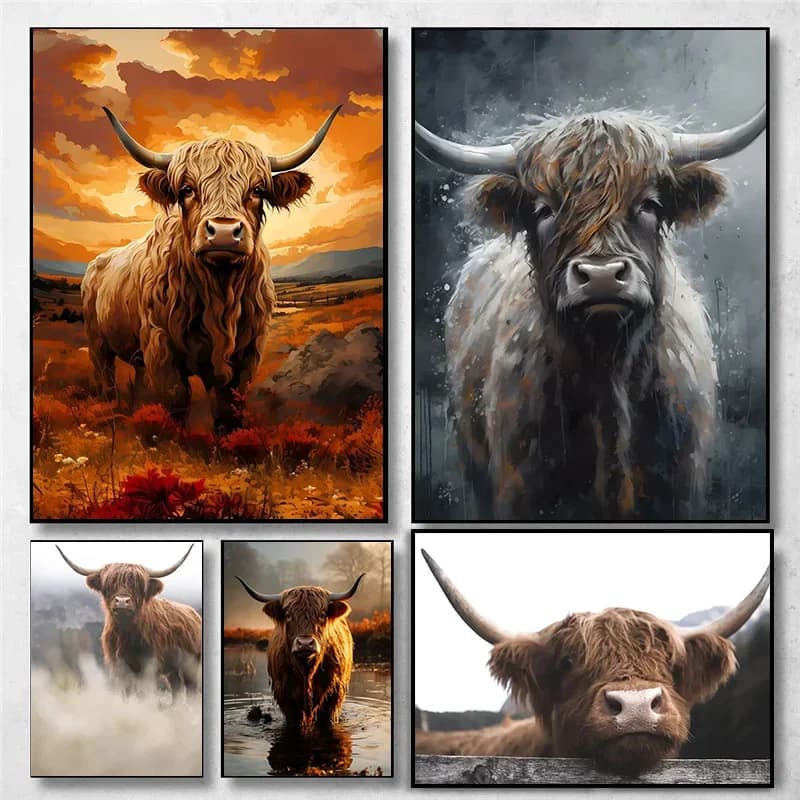 Vintage Retro Scottish Highland Cow Animal Landscape Art Poster Canvas Painting Wall Prints Picture for Living Room Home Decor