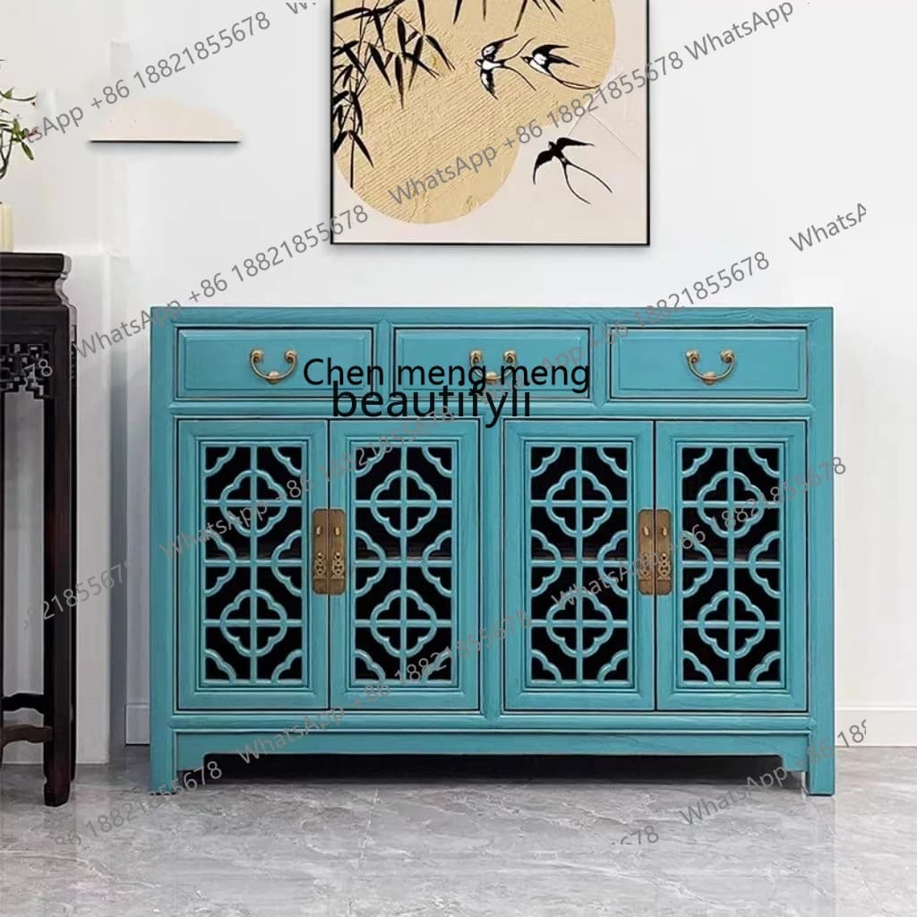 American Locker Hollow Carved Entrance Cabinet European Furniture Retro Blue Shoe Cabinet