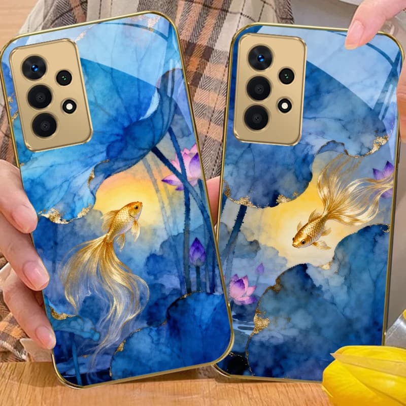 The Lucky Fish of Lotus For Samsung A56 A55 A54 A53 A52s A52 A51 A16 A15 A14 A13 A12 A36 A35 A34 A33 32 Golden glass phone case