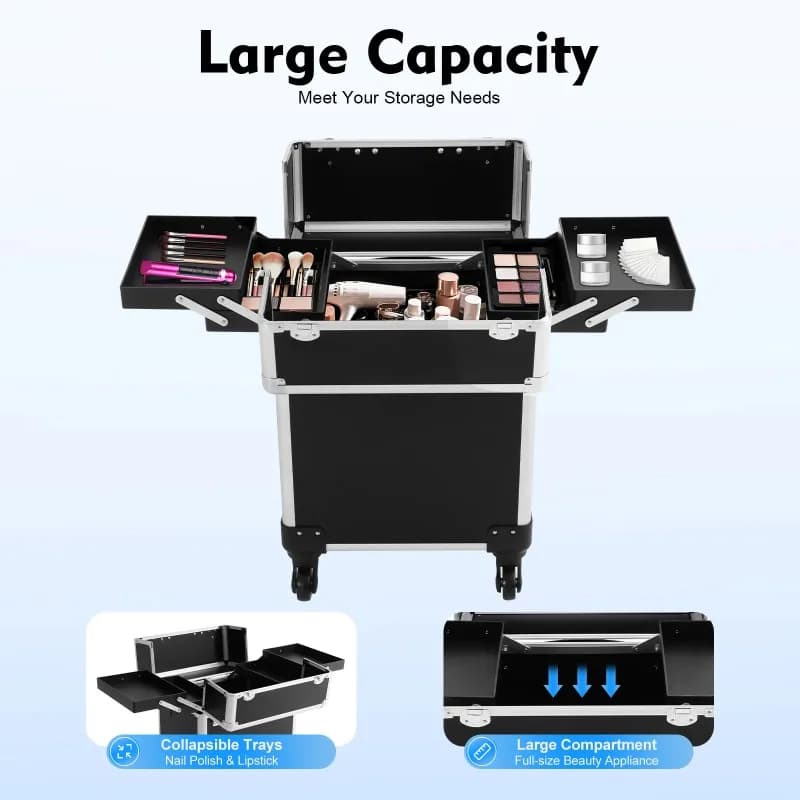 Professional Rolling Makeup Trolley, Aluminum Rolling  Case Large  Trolley, Professional Travel Case with Key