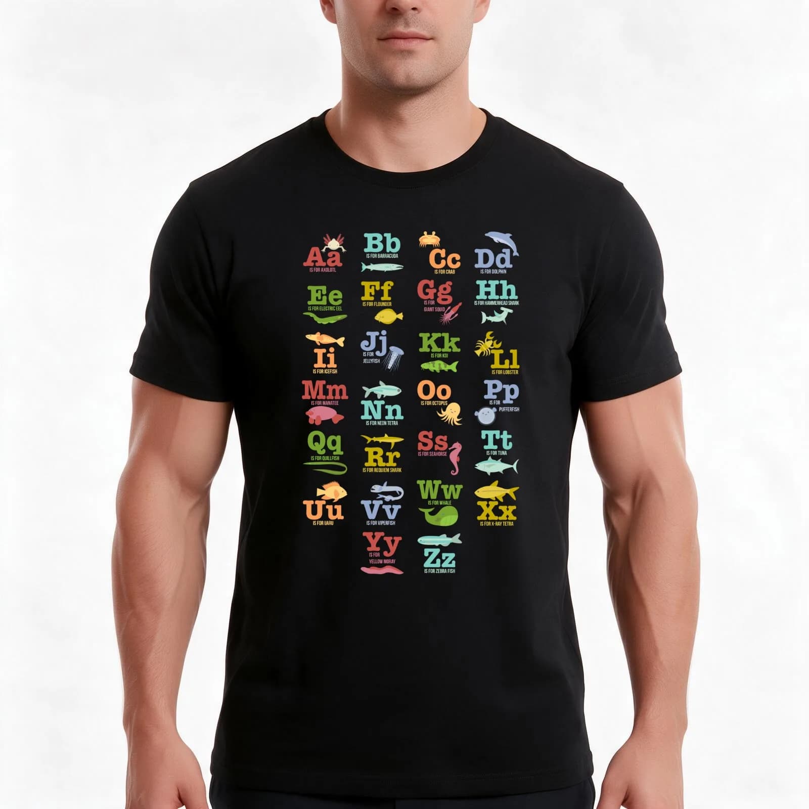 Aquatic Animals Alphabet Shirt T-Shirt, Summer Casual Cotton Tee, Oversized Streetwear Tops, Vintage Graphic Print, 100% Cotton