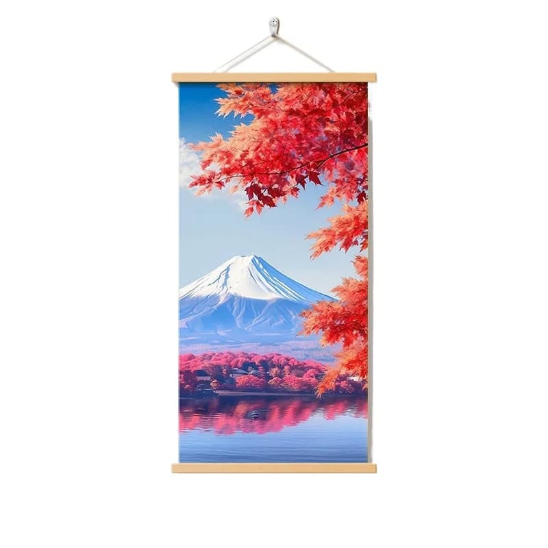 Japanese Style Wall Art, Autumn Fuji Mountain & Maple Leaves Poster Hallway Decor, Minimalist Natural Scenery, Room Decoration