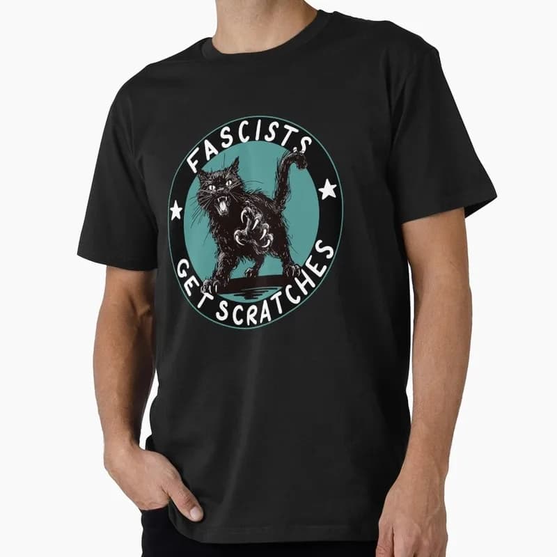Cats Against Fascists Turquoise Black Cat Gift T Shirt Funny Cat Lover Tee Unisex Short Sleeve Cute Tops