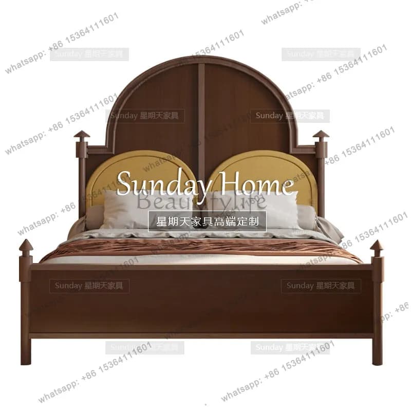 American retro old Paris double bed French light luxury Roman column carved solid wood bed