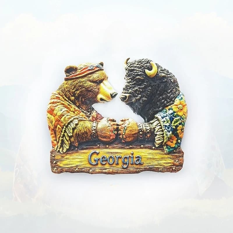 Georgian Bear & Bison Fridge Magnet - 3D Caucasus Souvenir Wildlife of Borjomi Decor Unique Europe-Asia Gift