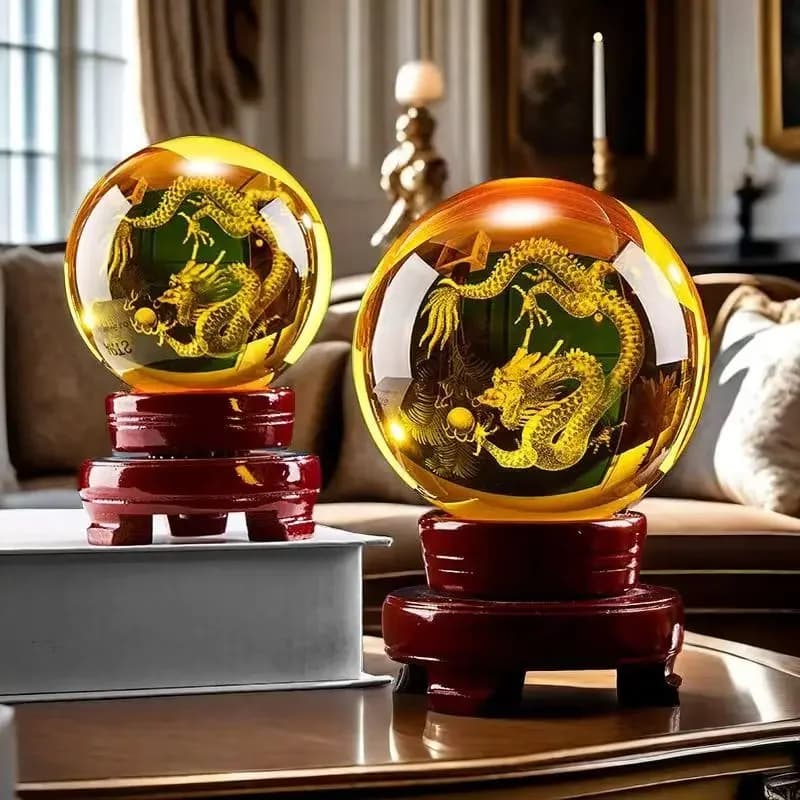 Chinese Dragon Crystal Ball Feng Shui Glass Sphere Take in Wealth Power Home Decoration for Living Room Office 8/10/12cm