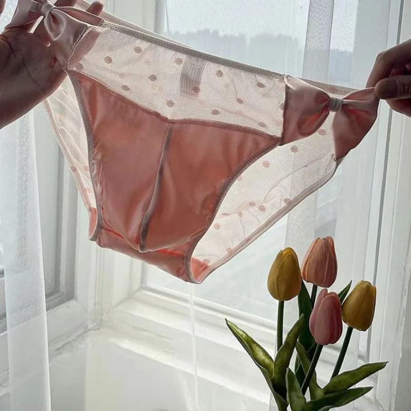 French Satin Lace Traceless Sweet Men Panties Glossy Smooth Breathable Briefs Sissy Erotic Mesh Cross-dressing Sexy Lingerie﻿﻿﻿﻿