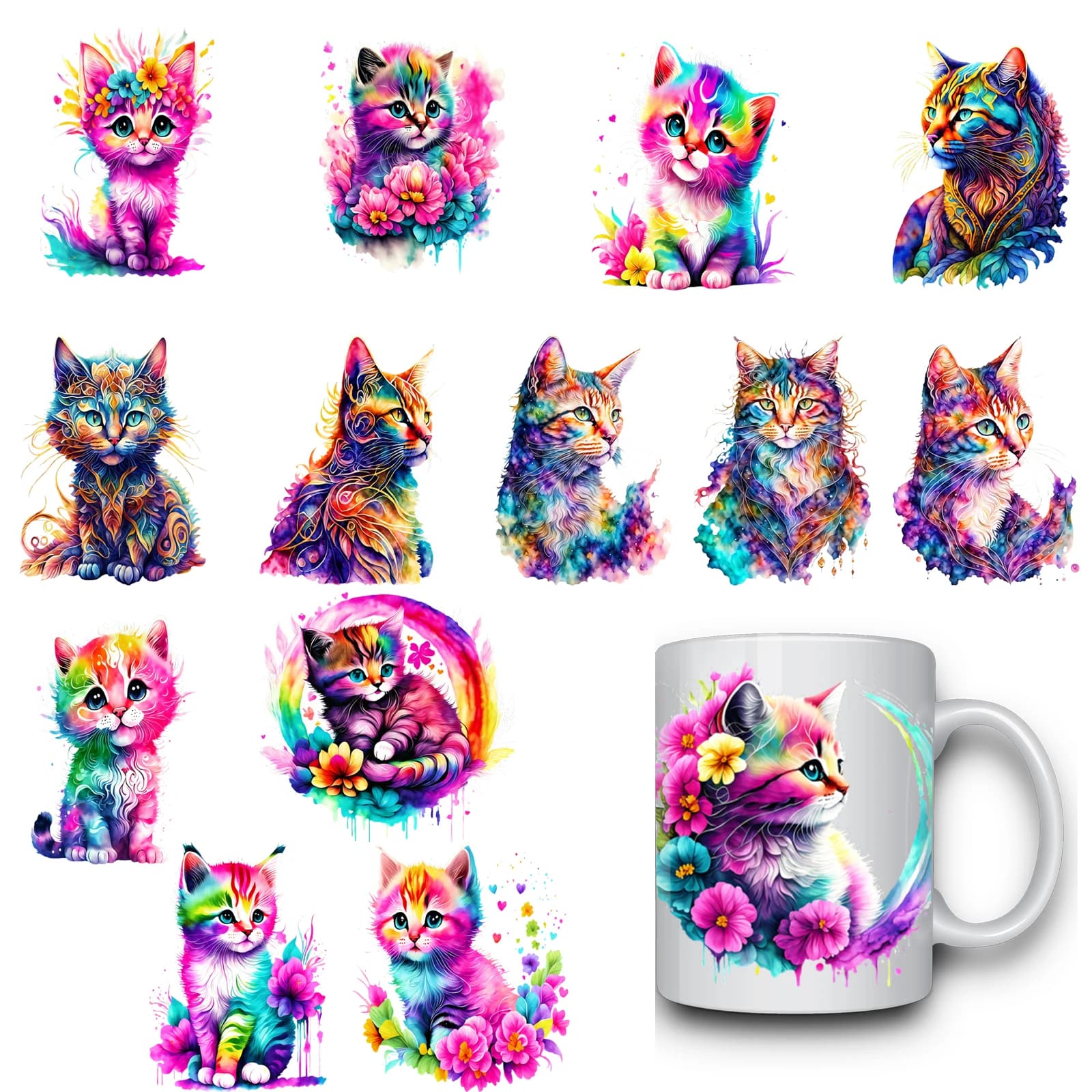 14pcs Cute Flower Cat UV DTF Transfer Stickers, Waterproof Stickers, Stickers, Suitable for DIY,Crafts For 16 oz glass
