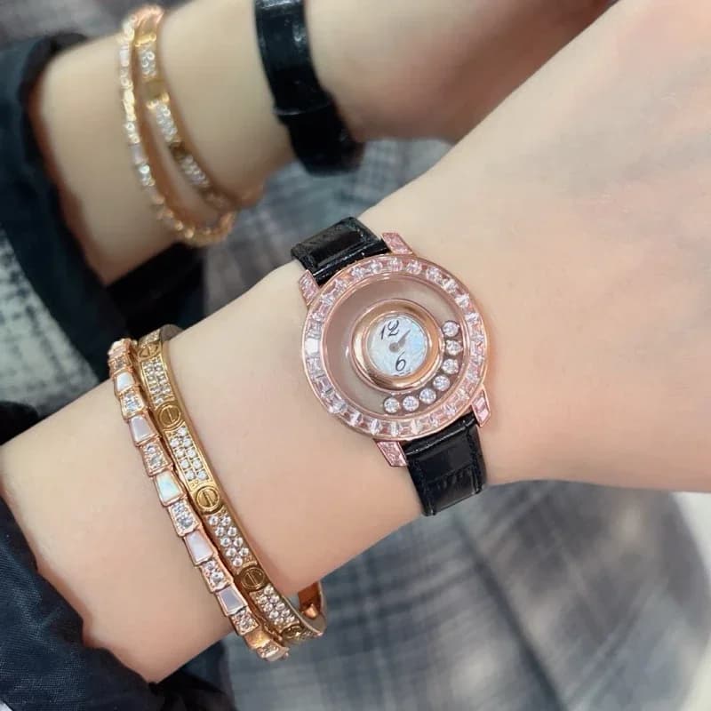 Fashion Chopin Hollow Women's Watch Casual Happy Diamond Watch 5 Diamonds 7 Diamonds British Diamond Versatile Crocodile Leather