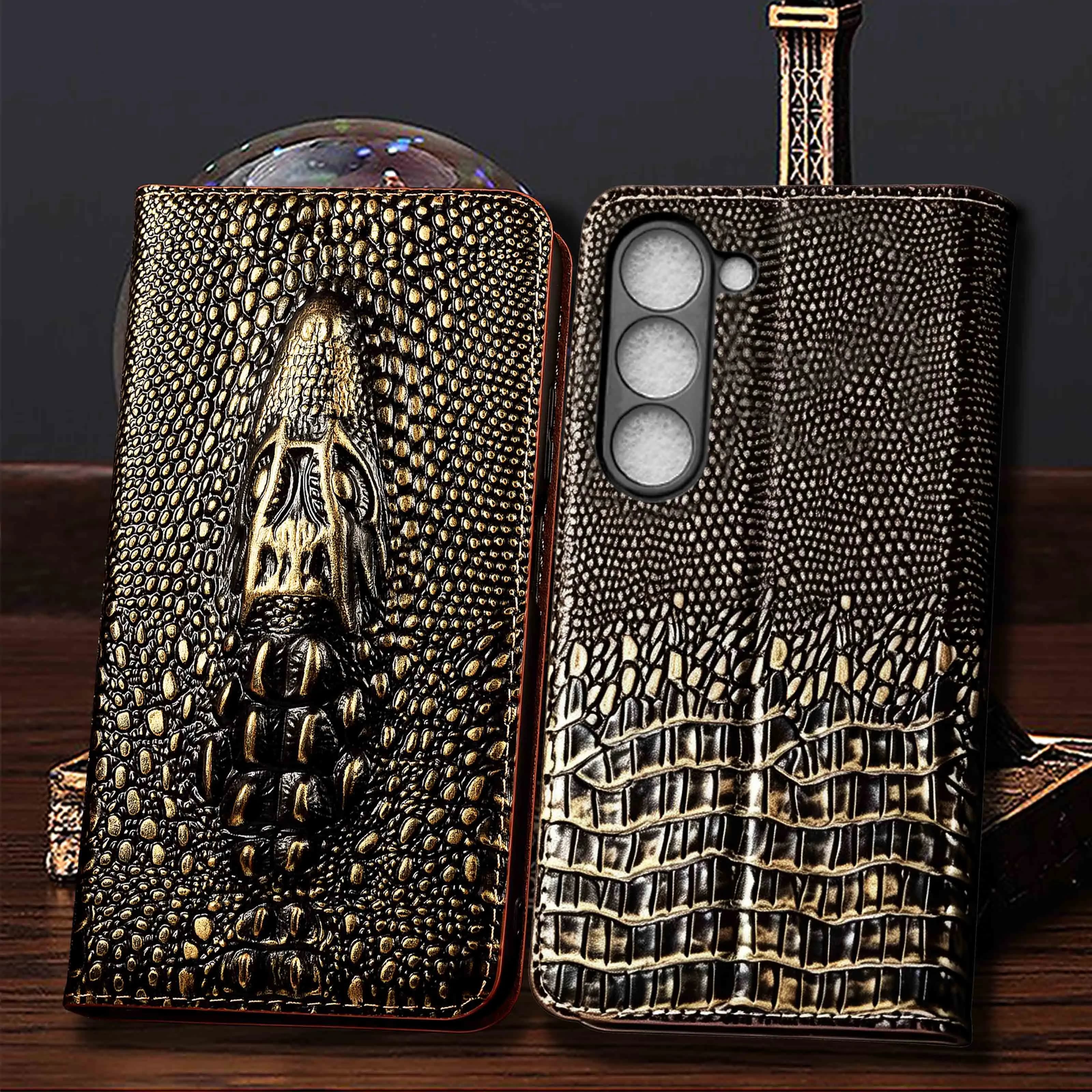 Vintage Crocodile Head Genuine Leather Flip Case For Samsung A14 A15 A16 A24 A26 A34 A35 A36 A53 A54 A56 A73 4G 5G Card Slots