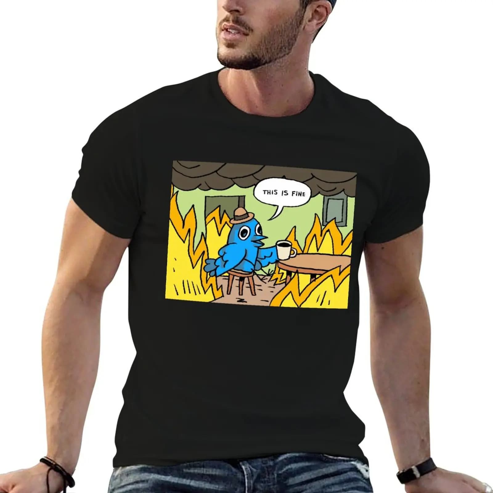 This Is Fine - Twitter T-Shirt Retro Style Print Casual Top