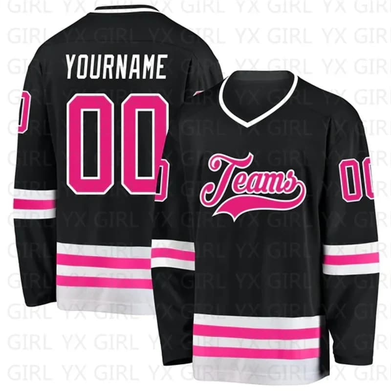 Custom Black Hot Pink-White Hockey Jersey 3D Print You Name Number Youth Women Men Hockey Jersey Competition Training Jerseys