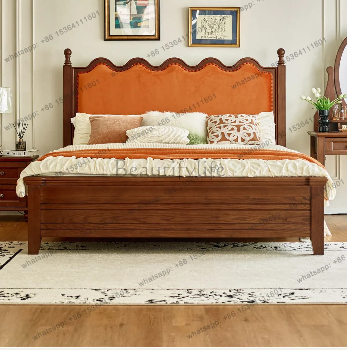 Light French retro bed all solid wood medium antique solid wood double bed modern light luxury