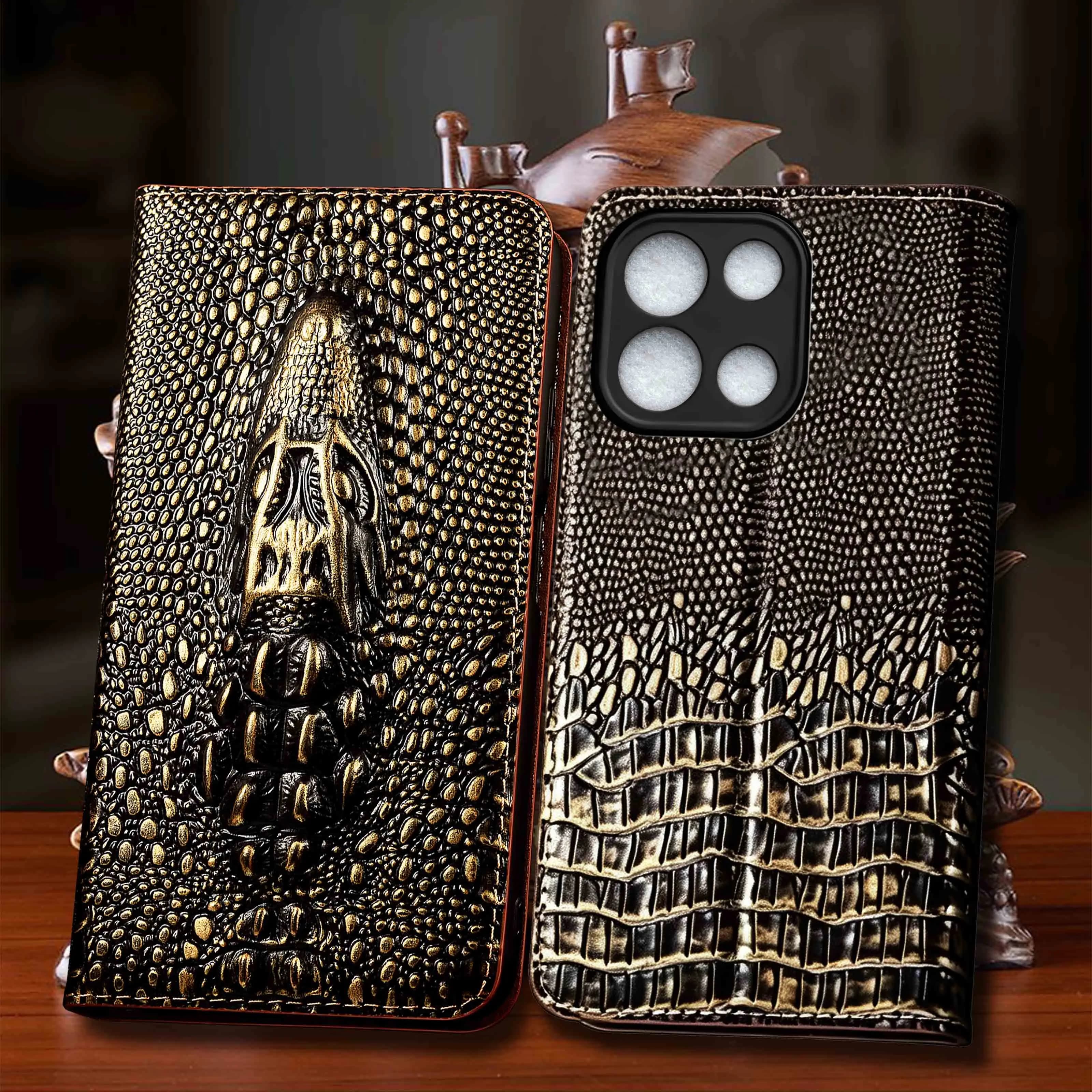 For Oneplus Nord 2 CE2 3 CE3 4 CE4 5 CE5 6 CE6 Lite Vintage Crocodile Head Pattern Of Genuine Leather Flip Phone Case Cowhide