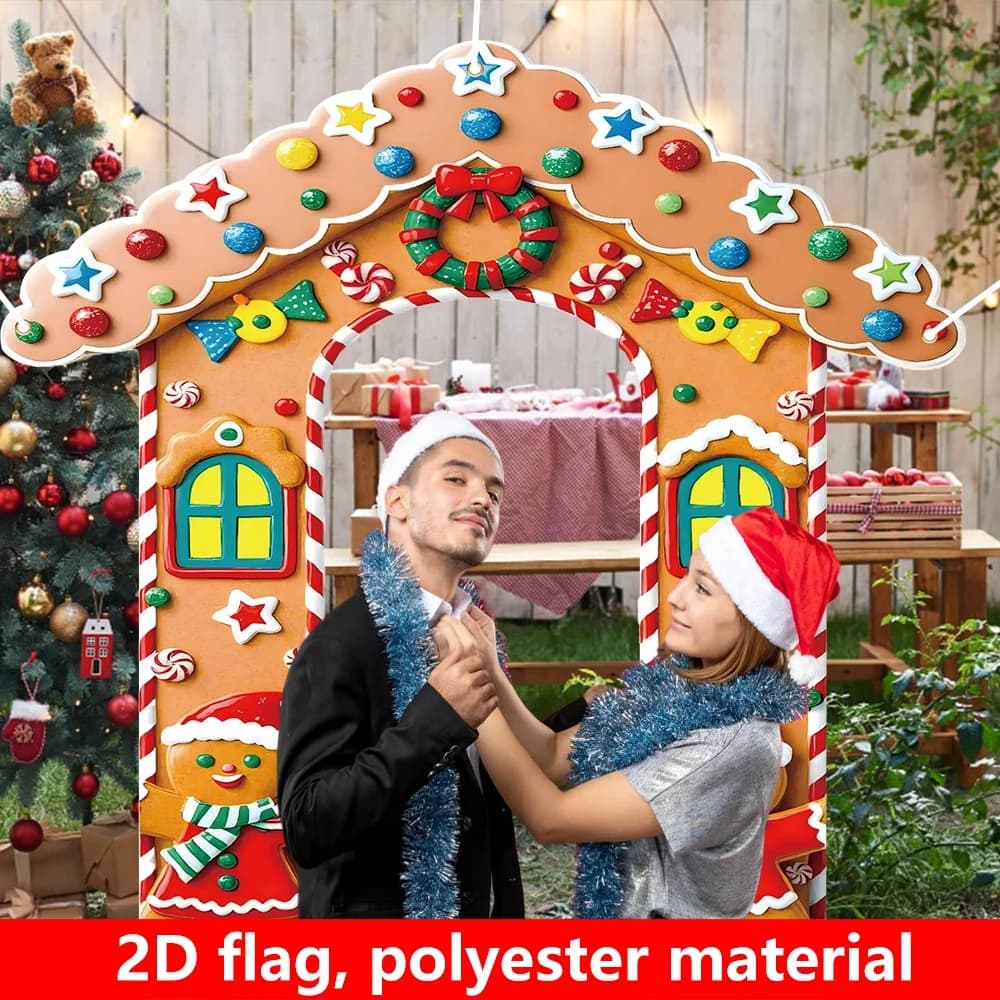 2D Flat Party Banner, 1pc Christmas Party Decoration Banner, 200x200cm/78.7x78.7inch Christmas Gingerbread House Flag Banner