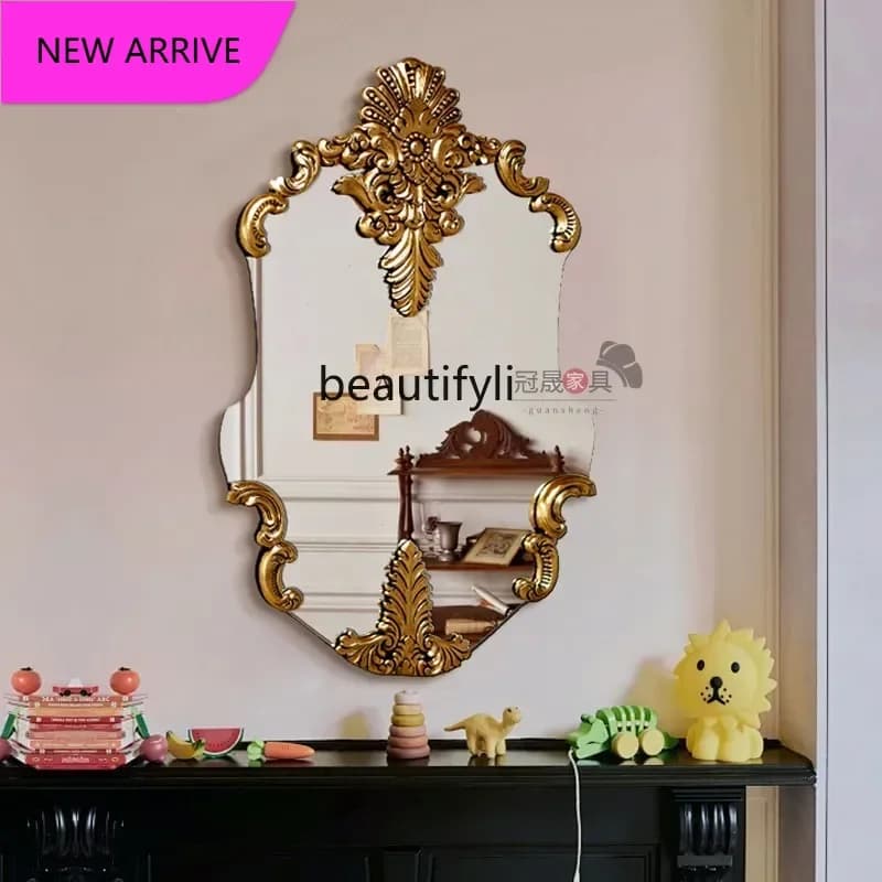 French retro makeup mirror wall hanging, light luxury bathroom mirror special-shaped, European entrance decorative mirror6239