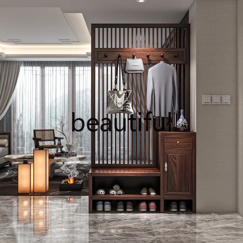 New Chinese screen partition cabinet modern simple solid wood shielding rack shoe cabinet integrated