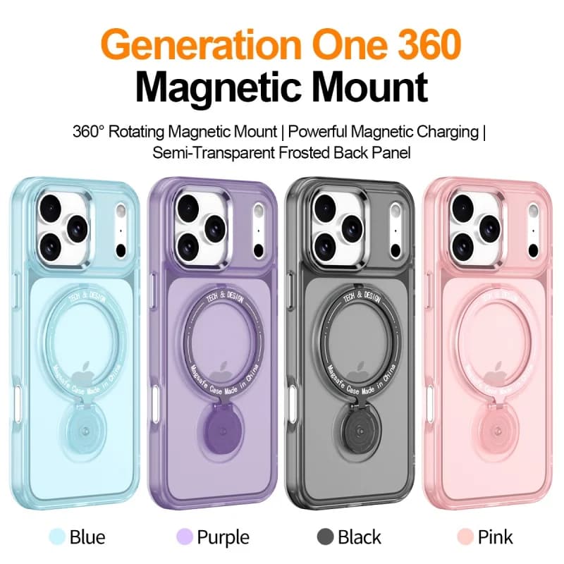 Frosted Clear Magnetic Back Cover for iPhone 16 Pro Max 17E 14 15 Plus Shockproof Case with Ring Stand