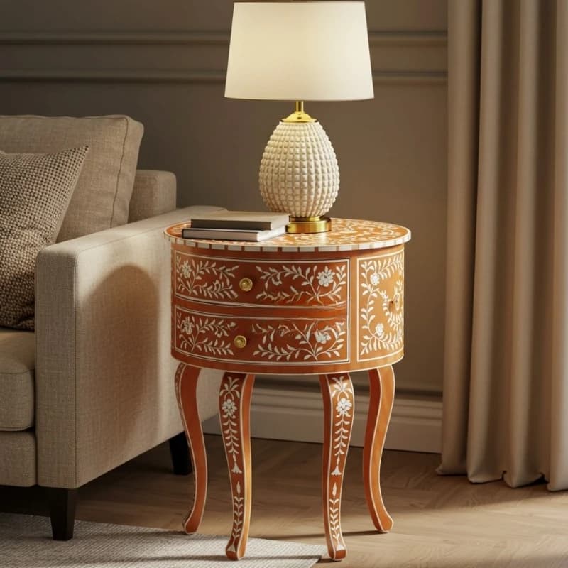 Modern eco-friendly handmade bedside table round orange floral pattern bedroom furniture